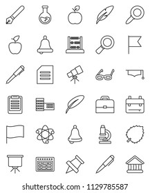 thin line vector icon set - graduate hat vector, pen, school building, glasses, case, backpack, apple fruit, atom, telescope, microscope, bell, schedule, clipboard, paper pin, abacus, presentation