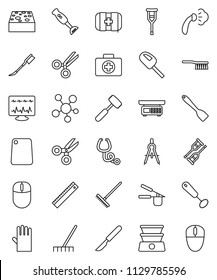 thin line vector icon set - fetlock vector, rake, sponge, car, steaming, rubber glove, cook press, whisk, spatula, meat hammer, cutting board, blender, ruler, drawing compass, scissors, social media