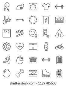 thin line vector icon set - barbell vector, measuring, scales, heart pulse, stopwatch, clipboard, pills vial, bike, jump rope, fitball, boxing glove, shorts, t shirt, roller Skates, skateboard, bone