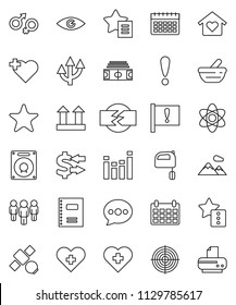 thin line vector icon set - mixer vector, copybook, atom, exchange, man, calendar, stadium, target, heart cross, attention, satellite, top sign, equalizer, favorites, eye, gender, mortar, message