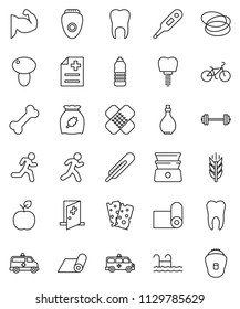 thin line vector icon set - oil vector, double boiler, cereal, mushroom, apple fruit, barbell, bike, muscule hand, water bottle, fitness mat, cereals, breads, bone, hoop, run, thermometer, patch