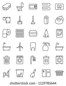 thin line vector icon set - soap vector, plunger, cleaner trolley, broom, scoop, sponge, towel, trash bin, window cleaning, welcome mat, bath, toilet, drying clothes, washer, liquid, paper, tooth