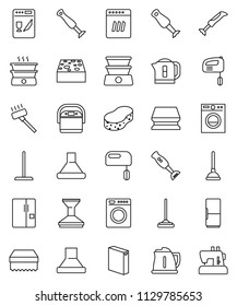 thin line vector icon set - plunger vector, vacuum cleaner, mop, sponge, car fetlock, washing powder, kettle, blender, fridge, washer, dishwasher, mixer, hood, multi cooker, double boiler