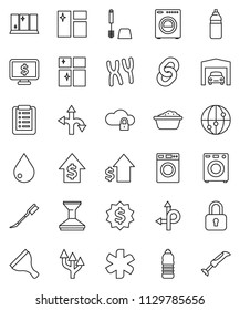 thin line vector icon set - scraper vector, water drop, car fetlock, window cleaning, toilet brush, washer, foam basin, shining, dollar growth, medal, monitor, bottle, route, internet, chromosomes