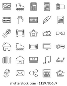 thin line vector icon set - welcome mat vector, pen, glasses, calculator, music, cash, roller Skates, money, film frame, monitor, link, mail, share, home, connection, water supply, fence, projector