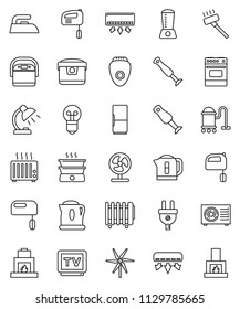 thin line vector icon set - vacuum cleaner vector, iron, mixer, oven, blender, table lamp, tv, windmill, air conditioner, ari condition, fridge, power plug, multi cooker, epilator, fan, kettle, bulb