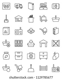 thin line vector icon set - scoop vector, washing powder, cereal, pasta, archive, binder, first aid kit, wood box, cargo, warehouse, radio, relocation truck, mailbox, gift, cashbox, basket, trolley