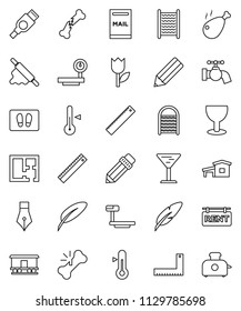 thin line vector icon set - water tap vector, welcome mat, washboard, rolling pin, thermometer, chicken leg, pen, pencil, corner ruler, glass, tulip, big scales, Railway carriage, hdmi, broken bone