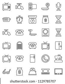 thin line vector icon set - water tap vector, washboard, kettle, glasses, alarm clock, sand, phone, big scales, film frame, tv, video camera, microphone, classic, fridge, money bag, kitchen
