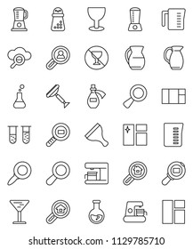 thin line vector icon set - scraper vector, window cleaning, measuring cup, hand mill, jug, magnifier, flask, no alcohol sign, glass, cargo search, vial, potion, cloud, estate, client, coffee maker