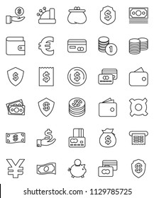 thin line vector icon set - dollar coin vector, credit card, wallet, cash, money bag, piggy bank, investment, stack, receipt, shield, any currency, euro sign, yen, cashbox