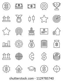 thin line vector icon set - graduate hat vector, clipboard, award cup, certificate, graph, japanese candle, money bag, dollar growth, bank building, target, medal, cent sign, top, favorites, coin