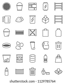 thin line vector icon set - bucket vector, trash bin, garbage pile, measuring cup, jug, sieve, jar, enegry drink, water bottle, sea container, port, wood box, consolidated cargo, package, oil barrel