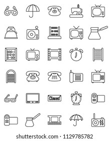 thin line vector icon set - washboard vector, kettle, turk coffee, glasses, alarm clock, abacus, phone, umbrella, film frame, radio, tv, classic, closed, video camera, sewing machine