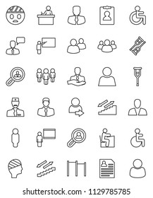 thin line vector icon set - blackboard vector, student, manager, man, personal information, horizontal bar, stairways run, client, speaking, group, disabled, crutches, head bandage, doctor, user