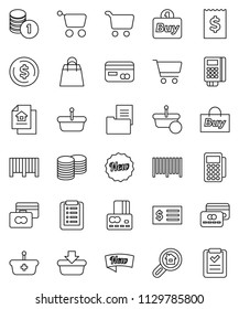 thin line vector icon set - dollar coin vector, cart, credit card, stack, receipt, estate document, search, new, shopping bag, buy, barcode, reader, basket, list