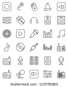 thin line vector icon set - bell vector, music, disk, hit, microphone, radio, equalizer, headphones, speaker, play button, forward, backward, rec, jack