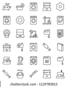 thin line vector icon set - washer vector, washing powder, mixer, double boiler, blender, tomography, gear, construction crane, card reader, dishwasher, coffee maker, meat grinder, sewing machine