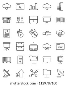 thin line vector icon set - presentation vector, archive, personal information, graph, dollar growth, board, barcode, music hit, network, server, folder, cloud exchange, browser, hub, lan connector