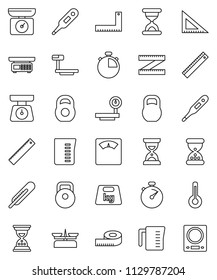 thin line vector icon set - measuring cup vector, scales, corner ruler, sand clock, stopwatch, weight, big, thermometer, store, kitchen