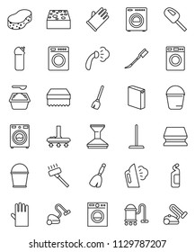 thin line vector icon set - broom vector, vacuum cleaner, mop, bucket, sponge, car fetlock, steaming, washer, washing powder, cleaning agent, rubber glove