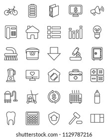 thin line vector icon set - cleaner trolley vector, vacuum, fetlock, microscope, exchange, calculator, binder, arrow down, safe, monitor dollar, bike, water bottle, heart, loudspeaker, equalizer