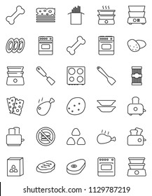 thin line vector icon set - spatula vector, toaster, oven, double boiler, plates, cereal, pasta, potato, steak, chicken leg, breads, no fastfood, bone