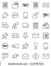thin line vector icon set - paper pin vector, clipboard, document, loudspeaker, mobile phone, dialog, speaking man, thumbtack, mail, message, attention sign, new, open