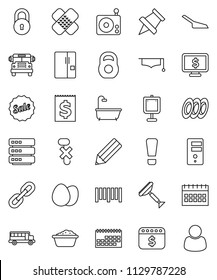 thin line vector icon set - scraper vector, scoop, foam basin, plates, egg, graduate hat, pencil, paper pin, school bus, presentation, dollar calendar, monitor, weight, receipt, no hook, barcode