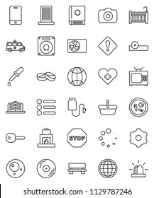 thin line vector icon set - disk vector, camera, mobile phone, heart cross, dropper, pills, eye doctor hat, microbs, amkbulance car, drop counter, ovule, gear, bench, loading, globe, key, stop, crib