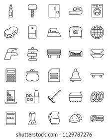 thin line vector icon set - water tap vector, rake, sponge, iron, garbage pile, plates, jug, oil, bell, calculator, document, measuring, skateboard, signpost, tooth implant, bench, globe, mailbox