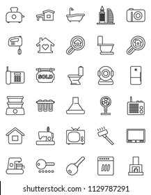 thin line vector icon set - vacuum cleaner vector, bath, toilet, cottage, sold signboard, office building, search estate, key, love home, tv, password, dishwasher, fridge, mixer, coffee maker, hood