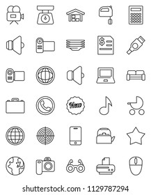 thin line vector icon set - plates vector, kettle, scales, mixer, glasses, case, calculator, notebook pc, music, world, annual report, target, speaker, video camera, mobile phone, hdmi, globe, barn