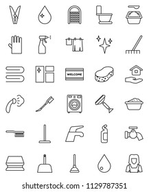 thin line vector icon set - plunger vector, scraper, water tap, fetlock, mop, rake, scoop, clothespin, sponge, towel, drop, car, shining, window cleaning, welcome mat, steaming, toilet, washer