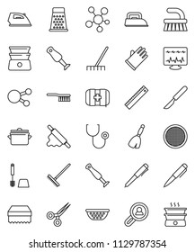thin line vector icon set - broom vector, fetlock, rake, sponge, iron, toilet brush, rubber glove, pan, colander, rolling pin, grater, double boiler, blender, sieve, ruler, pen, first aid kit