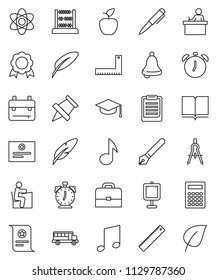 thin line vector icon set - book vector, graduate hat, pen, corner ruler, drawing compass, student, case, backpack, apple fruit, atom, bell, calculator, alarm clock, clipboard, paper pin, medal