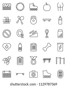 thin line vector icon set - diet vector, clipboard, pills vial, weight, jump rope, horizontal bar, punching bag, buttocks, roller Skates, skateboard, medal, enegry drink, water bottle, calendar