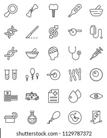 thin line vector icon set - thermometer vector, flask, vial, eye, gender sign, dna, magnifier, pregnancy, insemination, syringe, scalpel, broken bone, stethoscope, mortar, doctor hat, chromosomes