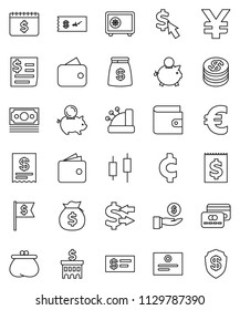 thin line vector icon set - certificate vector, exchange, japanese candle, wallet, money bag, piggy bank, investment, building, dollar flag, safe, calendar, cursor, euro sign, yen, cent, receipt