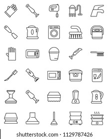 thin line vector icon set - plunger vector, water tap, vacuum cleaner, fetlock, bucket, sponge, car, rubber glove, kettle, spatula, microwave oven, double boiler, blender, washer, dishwasher, mixer