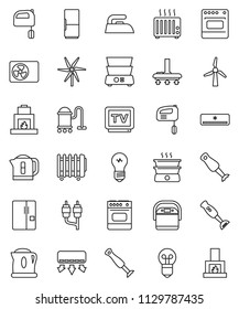 thin line vector icon set - vacuum cleaner vector, iron, mixer, double boiler, blender, tv, rca, windmill, air conditioner, ari condition, fridge, multi cooker, oven, kettle, heater, bulb, fireplace