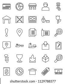 thin line vector icon set - earth vector, map pin, attention, office, money, phone, support, traking, ship, clock, calendar, receipt, port, wood box, clipboard, document, glass, dry cargo, no hook