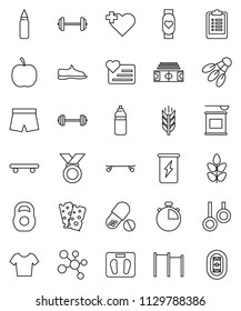 thin line vector icon set - diet vector, barbell, scales, stadium, stopwatch, clipboard, weight, horizontal bar, punching bag, snickers, shorts, t shirt, skateboard, medal, pills, sports nutrition