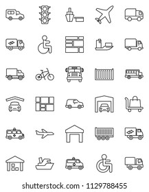 thin line vector icon set - school bus vector, bike, plane, traffic light, ship, truck trailer, sea container, delivery, car, port, consolidated cargo, warehouse, disabled, amkbulance, garage