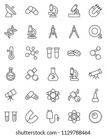 thin line vector icon set - thermometer vector, drawing compass, atom, telescope, microscope, magnet, flask, molecule, oxygen, satellite, antenna, vial, dna, pills, drop counter, ovule