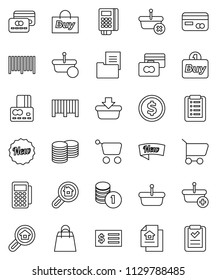thin line vector icon set - dollar coin vector, credit card, stack, receipt, estate document, search, new, shopping bag, buy, barcode, reader, basket, cart, list