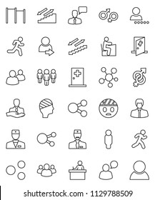 thin line vector icon set - student vector, manager, man, horizontal bar, stairways run, client, speaking, social media, group, doctor, gender sign, head bandage, medical room, share, login