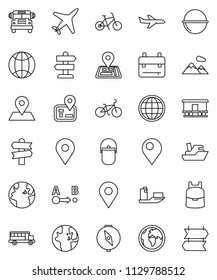 thin line vector icon set - camping cauldron vector, backpack, compass, school bus, world, bike, signpost, navigator, earth, map pin, plane, ship, route, Railway carriage, globe, mountain