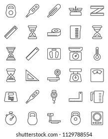 thin line vector icon set - measuring cup vector, scales, corner ruler, sand clock, stopwatch, weight, big, thermometer, store, kitchen