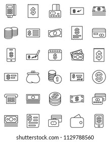 thin line vector icon set - credit card vector, cash, coin stack, check, receipt, dollar calendar, money, wallet, reader, tap pay